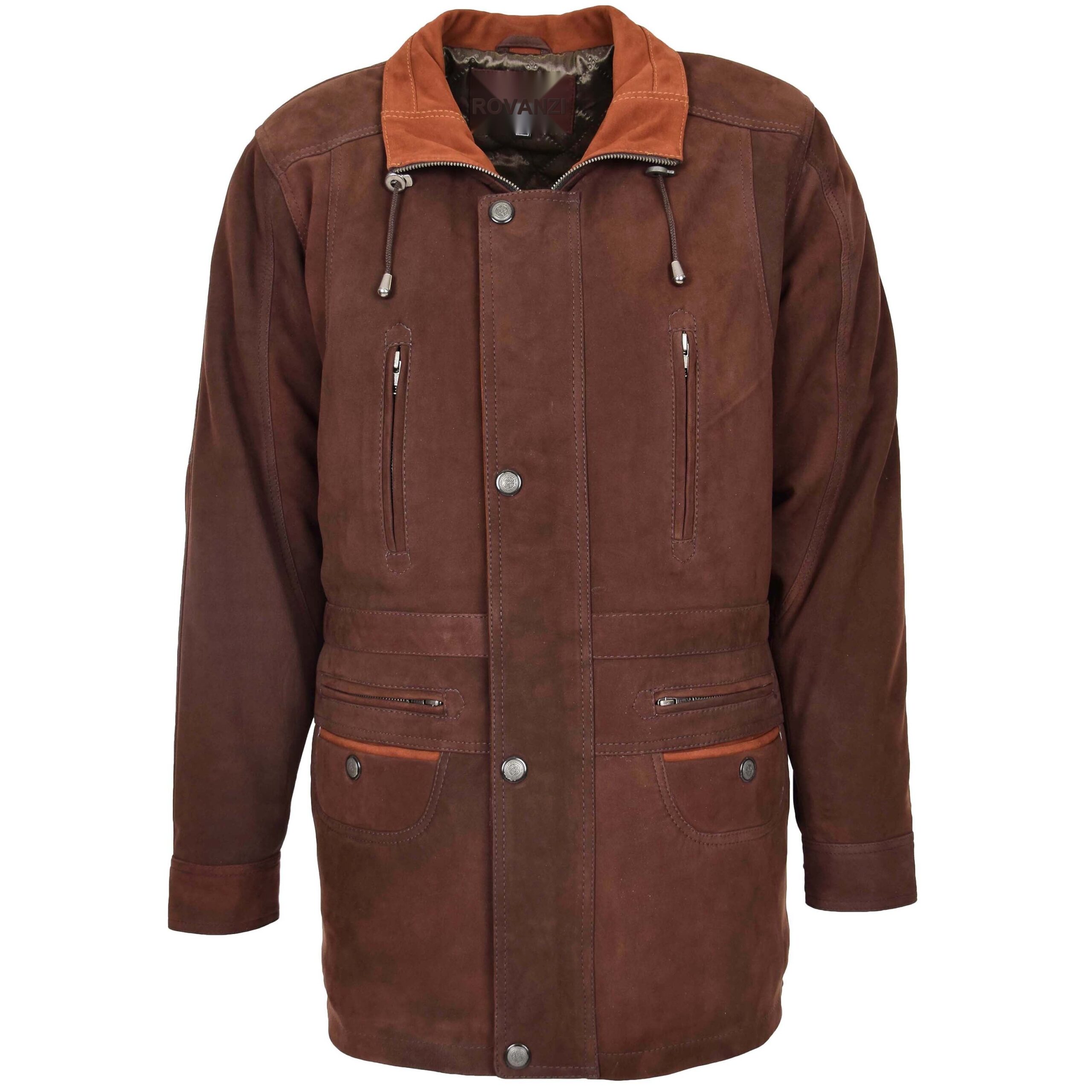 BUNERI Manteau Voiture en Cuir pour Homme Mi-Hanches Brun Nubuck