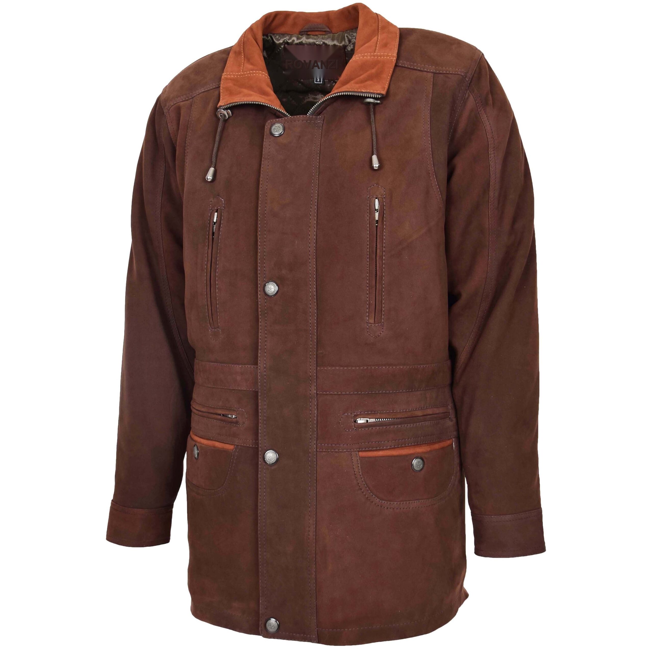 BUNERI Manteau Voiture en Cuir pour Homme Mi-Hanches Brun Nubuck – Image 4