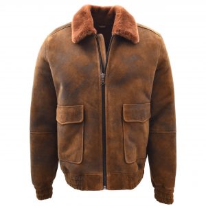 BUNERI Veste Homme Peau de Mouton Aviateur Originale Marron Gingembre Shearling