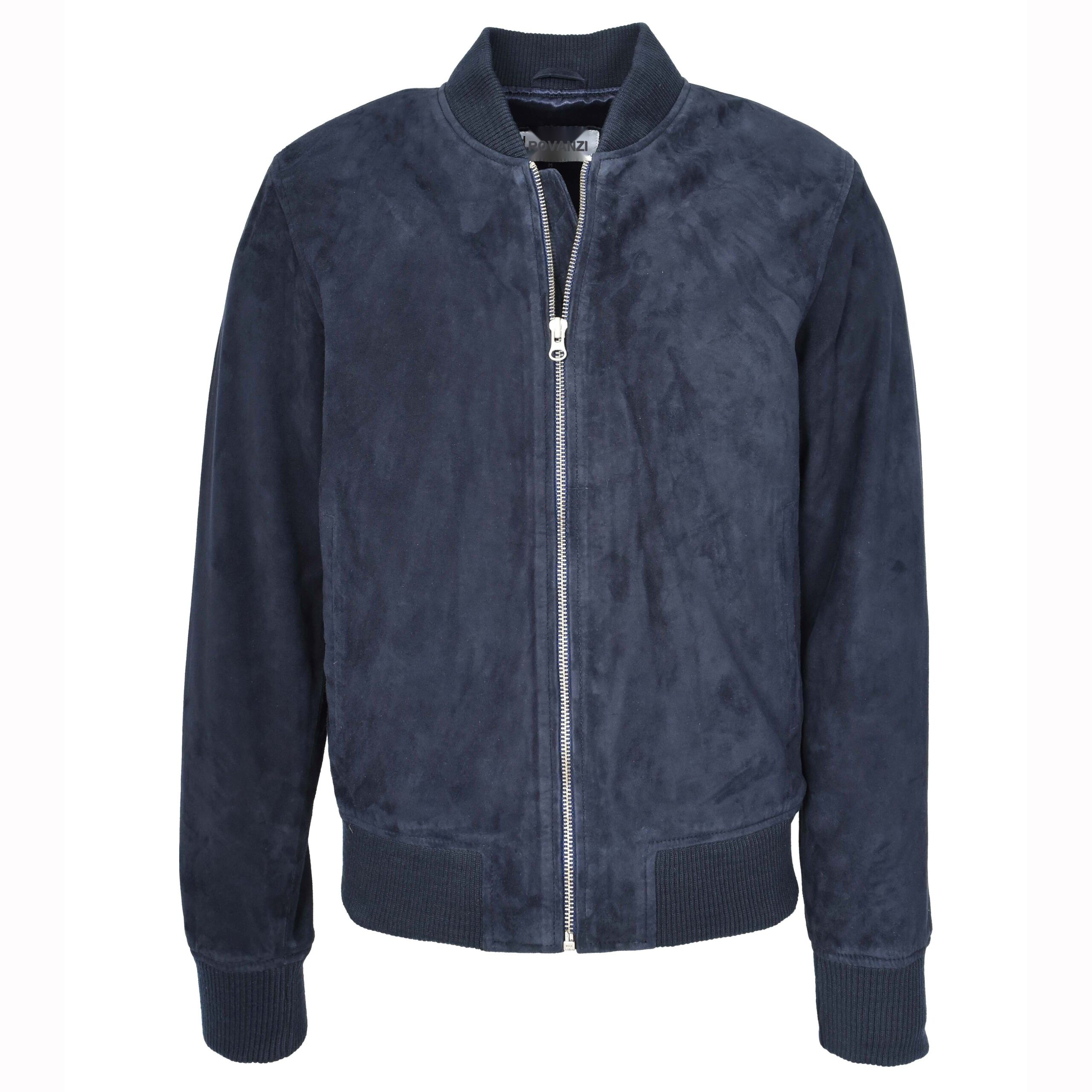 BUNERI Veste Homme Vrai Daim de Chevre Bomber MA-1 Design Varsity Bleu Marine