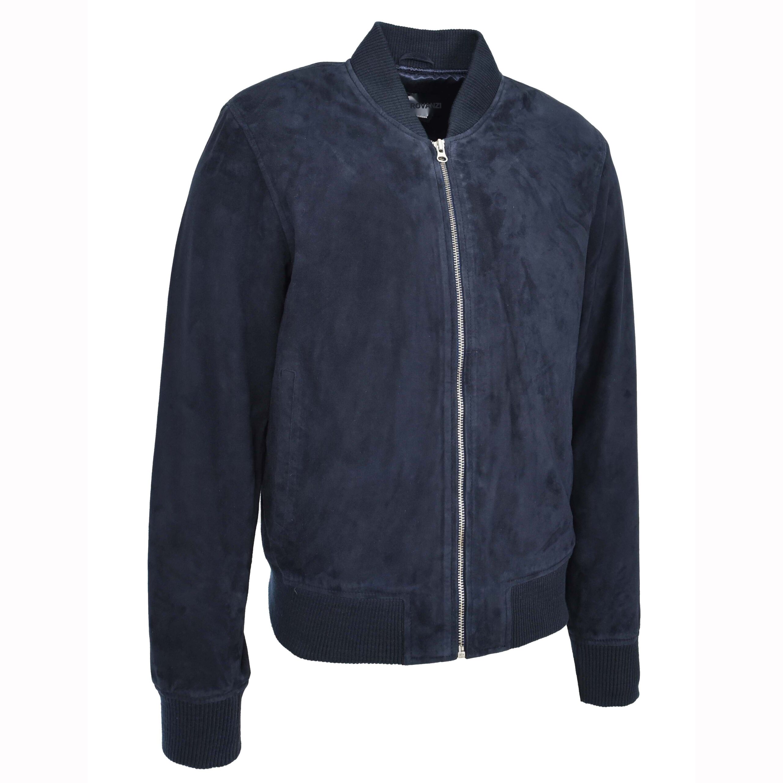 BUNERI Veste Homme Vrai Daim de Chevre Bomber MA-1 Design Varsity Bleu Marine – Image 4