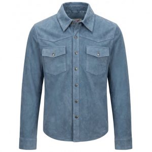 BUNERI Veste Trucker Western en Daim de Chèvre Véritable Bleu Denim pour Homme