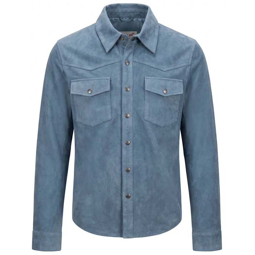 BUNERI Veste Trucker Western en Daim de Chèvre Véritable Bleu Denim pour Homme