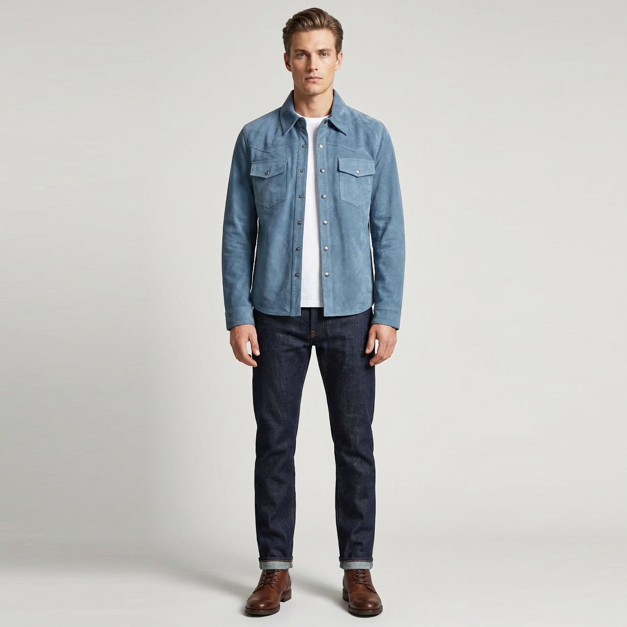 BUNERI Veste Trucker Western en Daim de Chèvre Véritable Bleu Denim pour Homme – Image 2