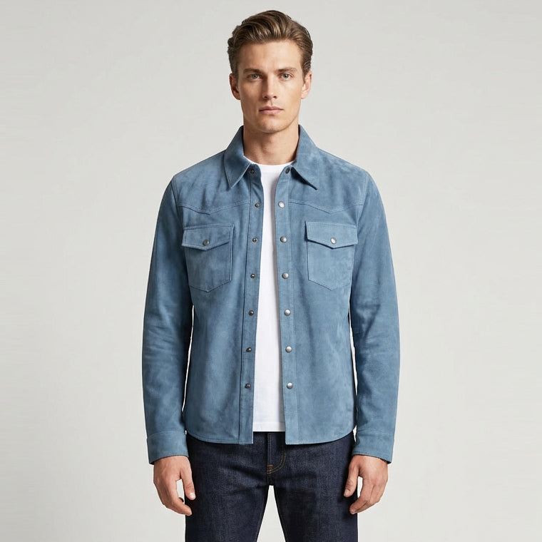 BUNERI Veste Trucker Western en Daim de Chèvre Véritable Bleu Denim pour Homme – Image 3