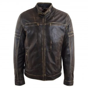BUNERI Blouson Biker Cuir Noir Effet Rub-Off Vintage Homme