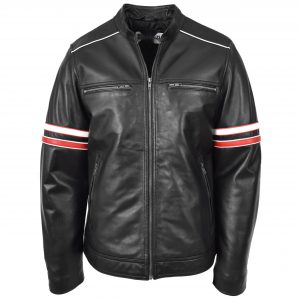 BUNERI Veste Homme Cuir Veritable Biker Style Cafe Racer Multi Rayures Noir
