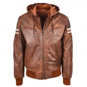 BUNERI Blouson Bomber en Cuir Véritable Cognac avec Capuche Amovible Zip pour Homme