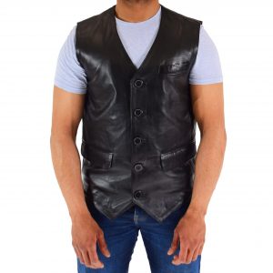 BUNERI Gilet en Cuir Véritable pour Homme Noir