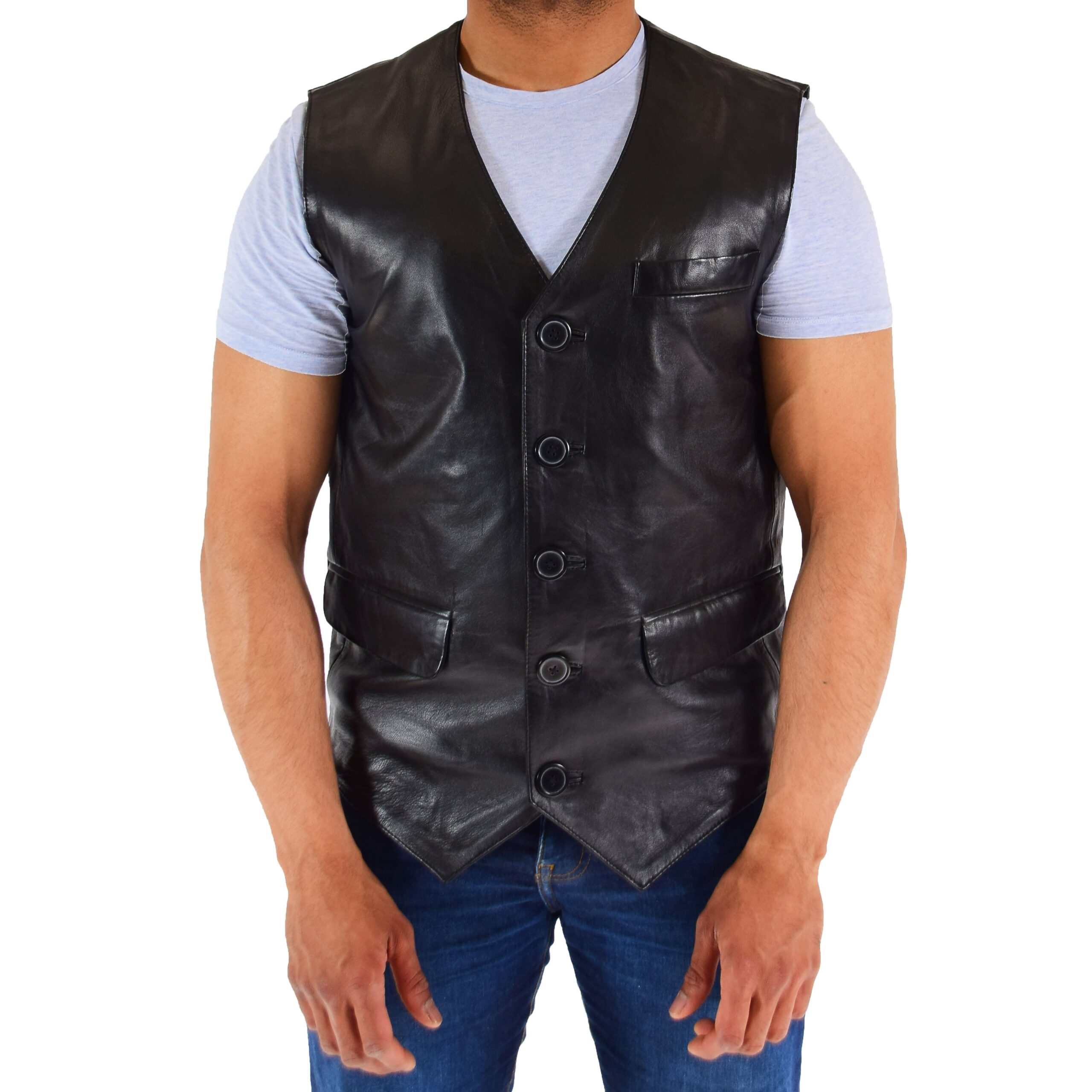 BUNERI Gilet en Cuir Véritable pour Homme Noir