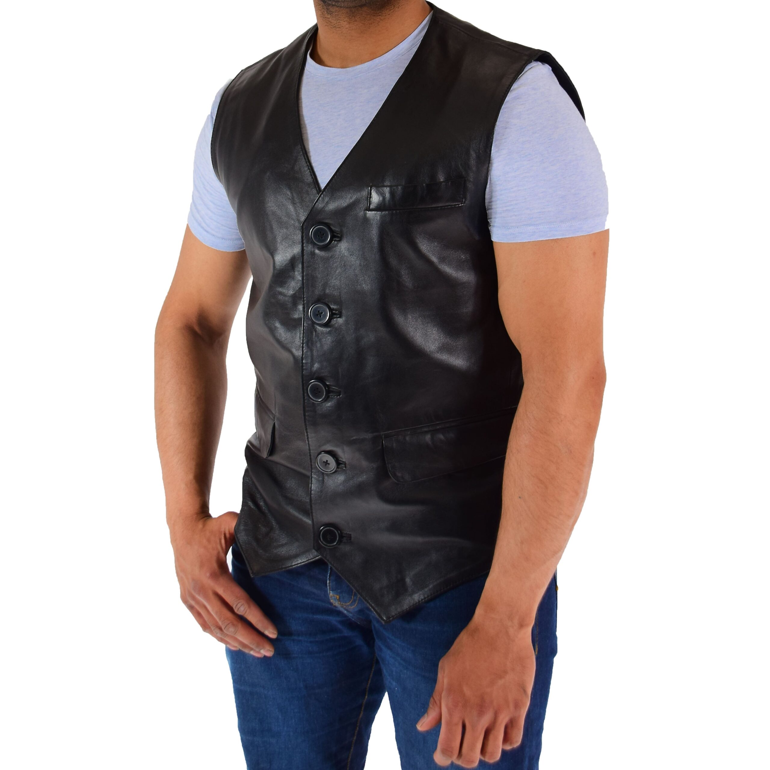 BUNERI Gilet en Cuir Véritable pour Homme Noir – Image 4