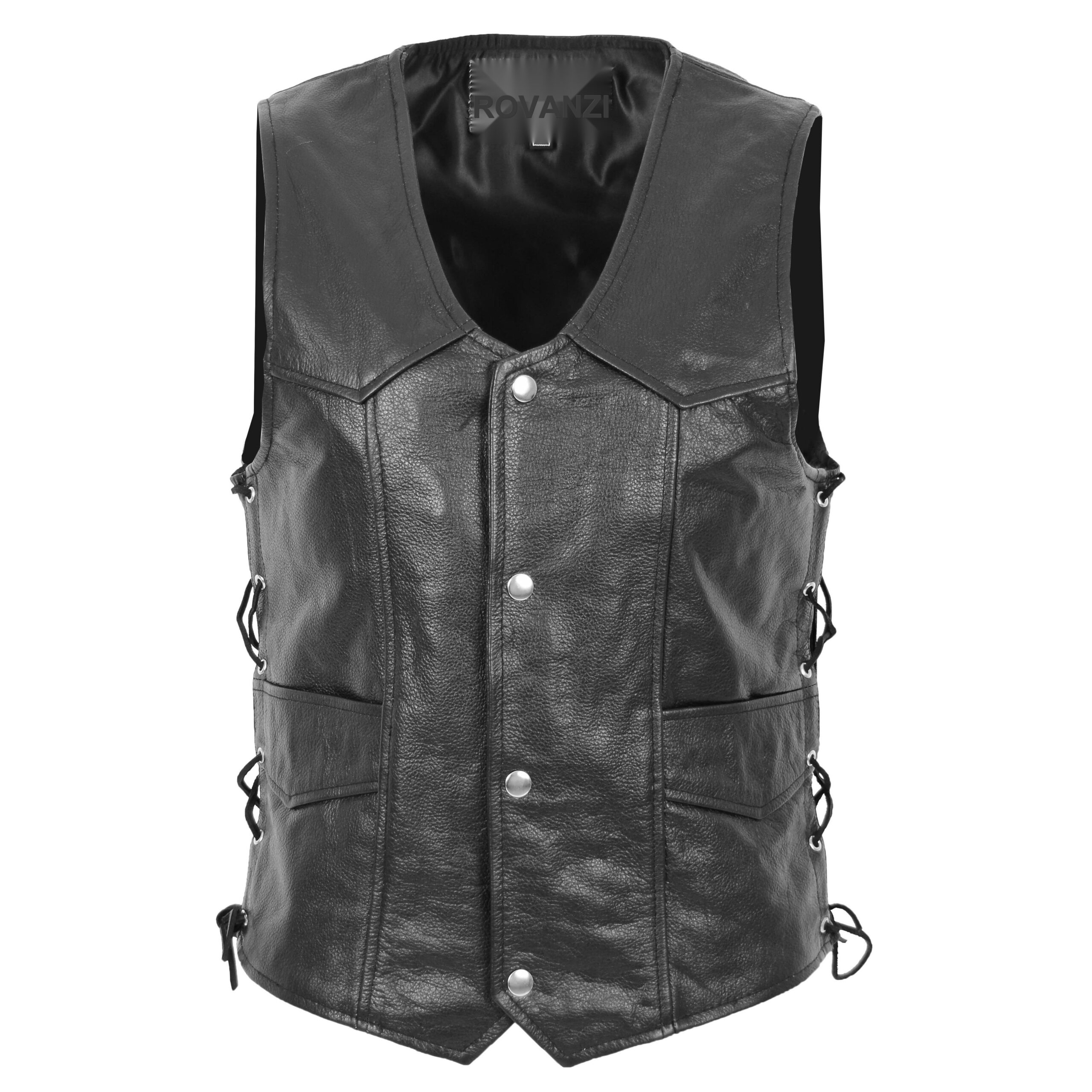 BUNERI Gilet en Cuir Véritable pour Homme avec Franges Latérales Noir