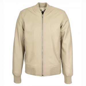 BUNERI Veste Homme Vrai Cuir Souple Bomber MA-1 Style Varsity Beige