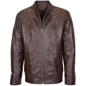 BUNERI Veste en Cuir Souple Marron Casual à Zip Simple pour Homme