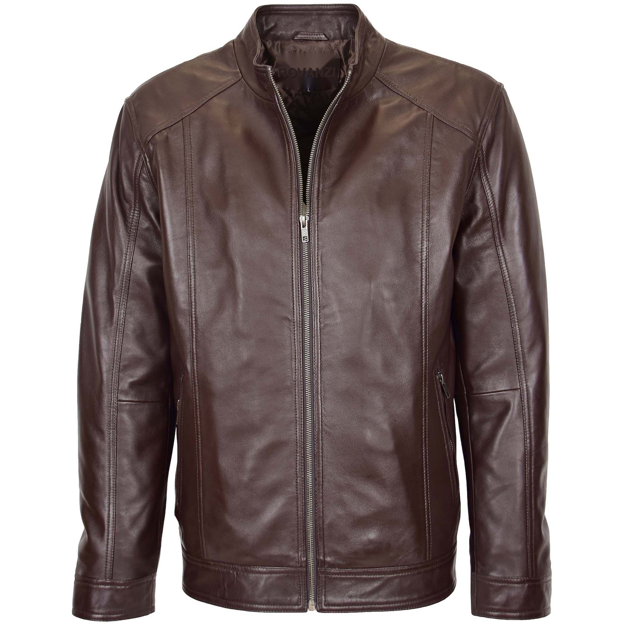 BUNERI Veste en Cuir Souple Marron Casual à Zip Simple pour Homme