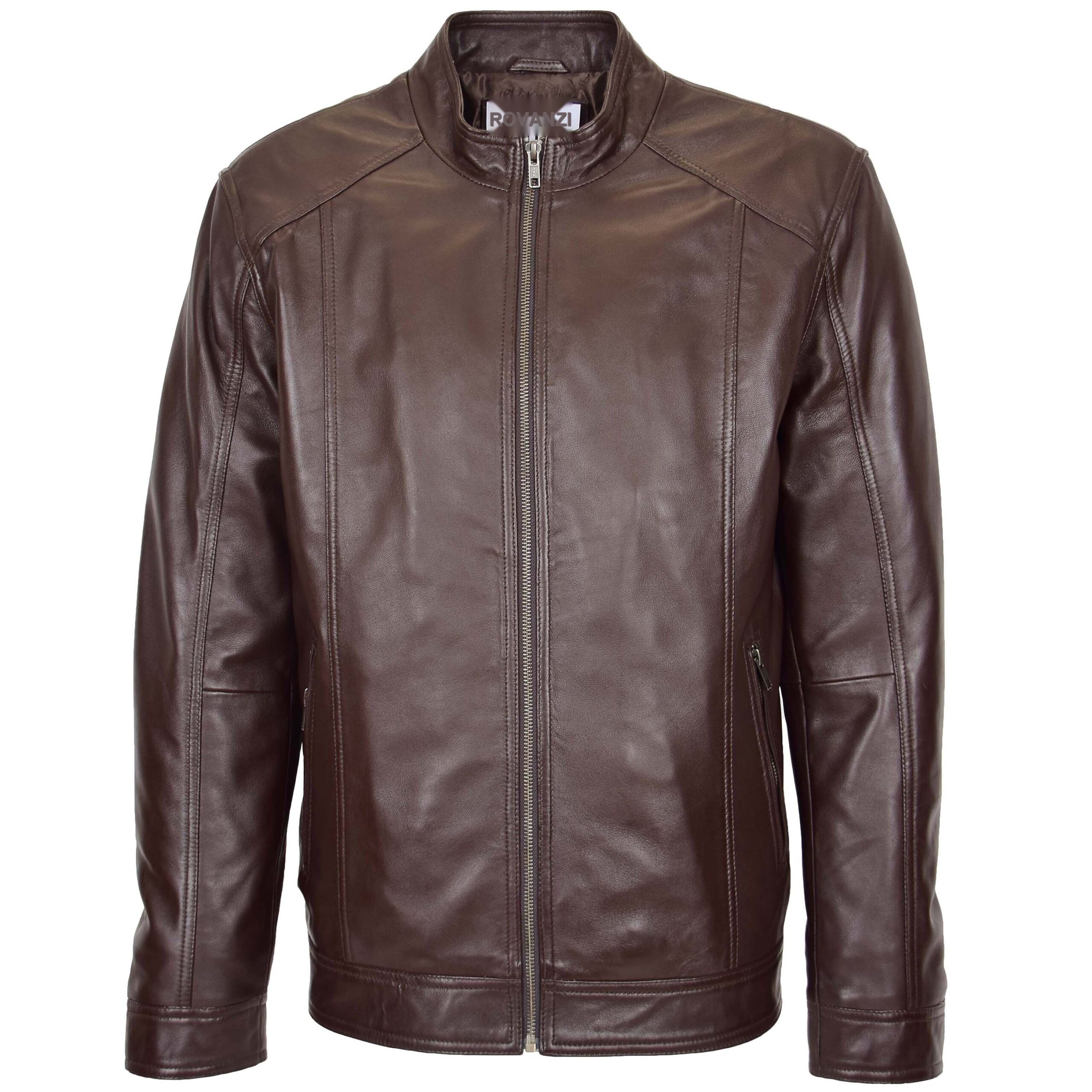 BUNERI Veste en Cuir Souple Marron Casual à Zip Simple pour Homme – Image 3