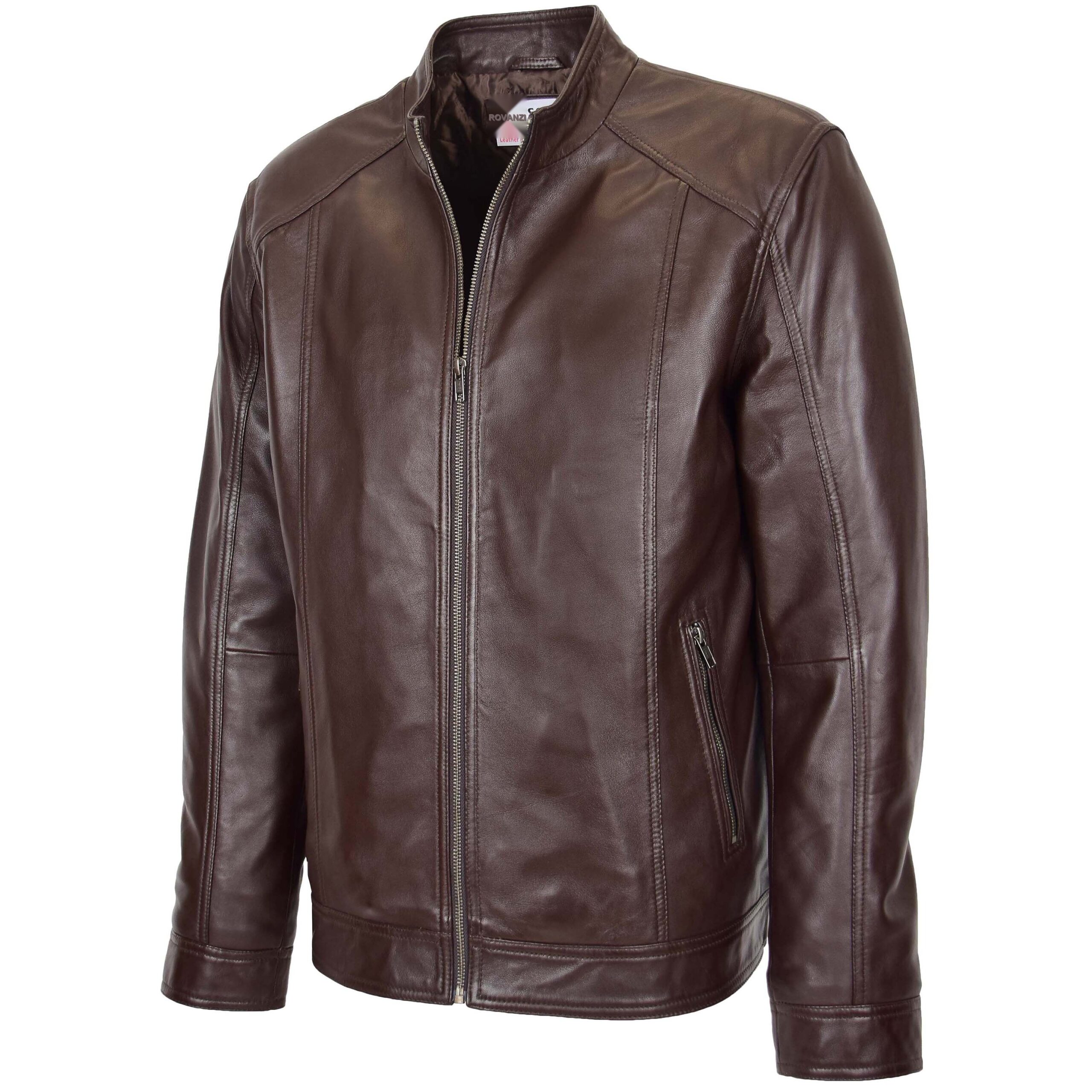 BUNERI Veste en Cuir Souple Marron Casual à Zip Simple pour Homme – Image 4