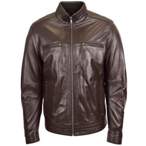 BUNERI Veste Homme Cuir Col Montant Marron II