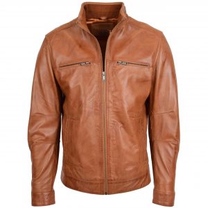 BUNERI Veste en Cuir Col Montant pour Homme Tan