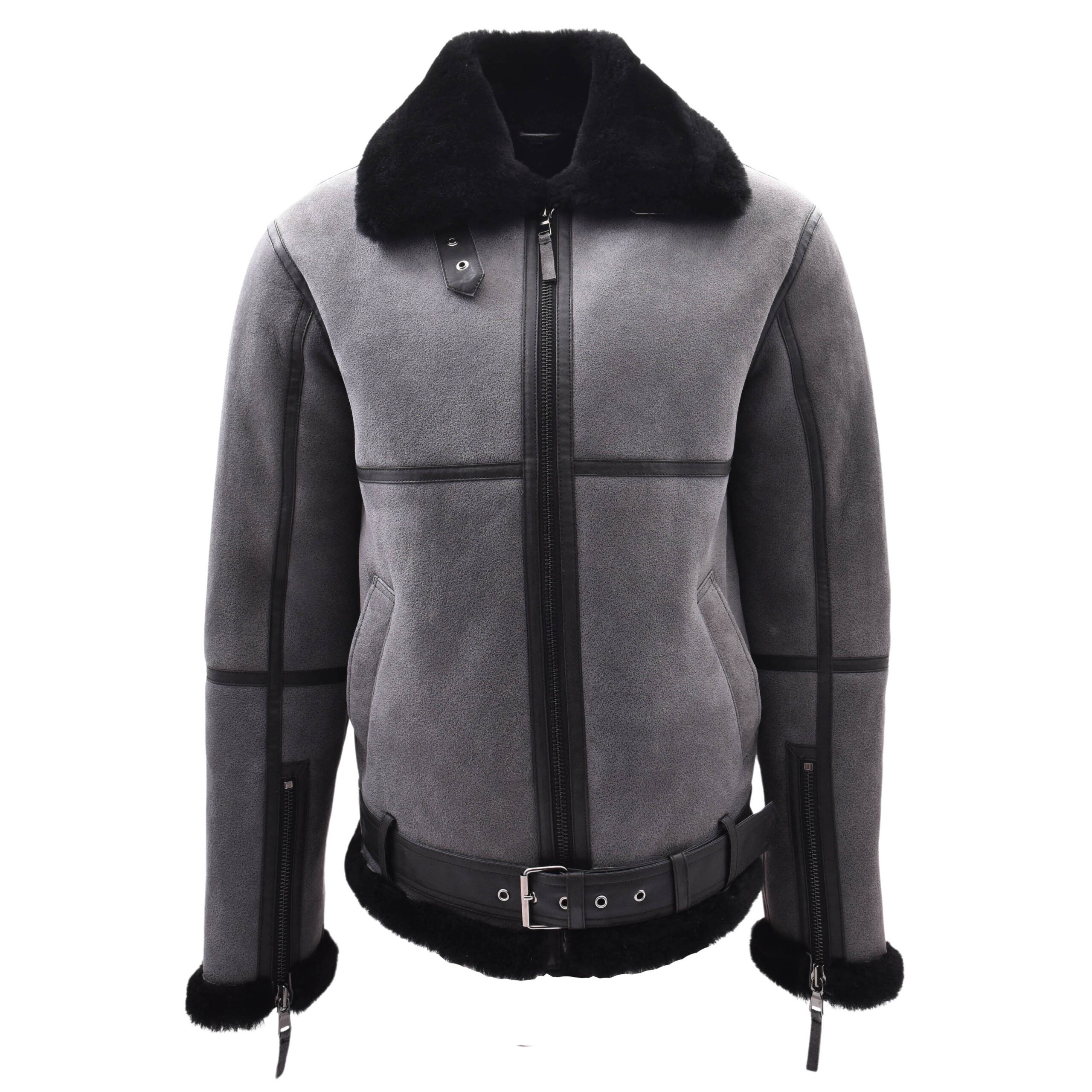 BUNERI Veste de Vol RAF Originale Homme Peau de Mouton Gris Noir Shearling – Image 4