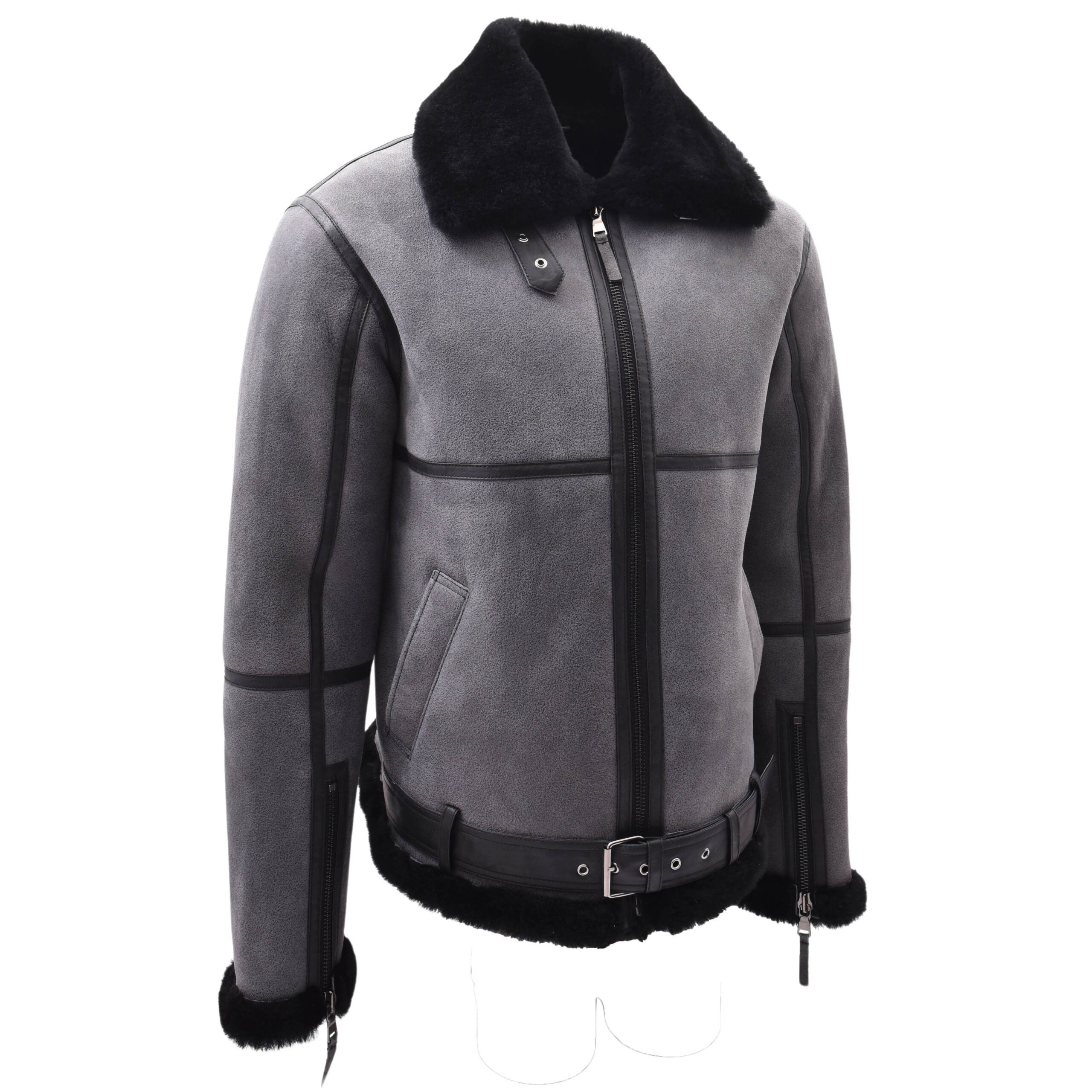 BUNERI Veste de Vol RAF Originale Homme Peau de Mouton Gris Noir Shearling – Image 6
