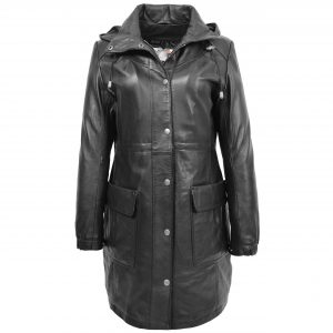 BUNERI Manteau Duffle en Cuir Noir Longueur 3/4 pour Femme