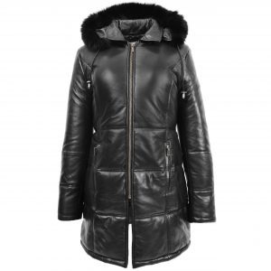 BUNERI Manteau Puffer en Cuir Noir pour Femme Longueur 3/4