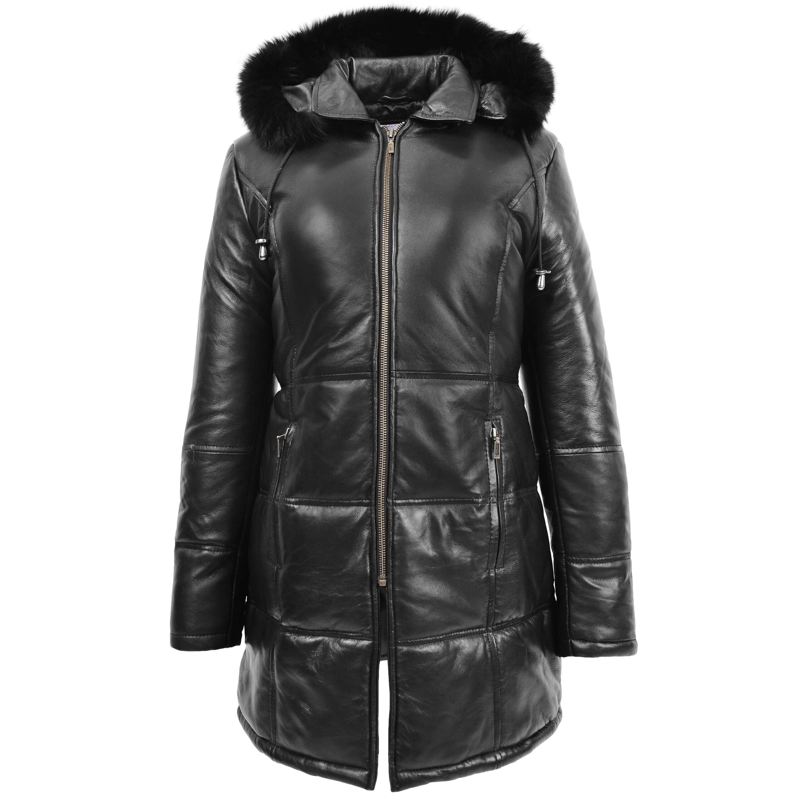 BUNERI Manteau Puffer en Cuir Noir pour Femme Longueur 3/4