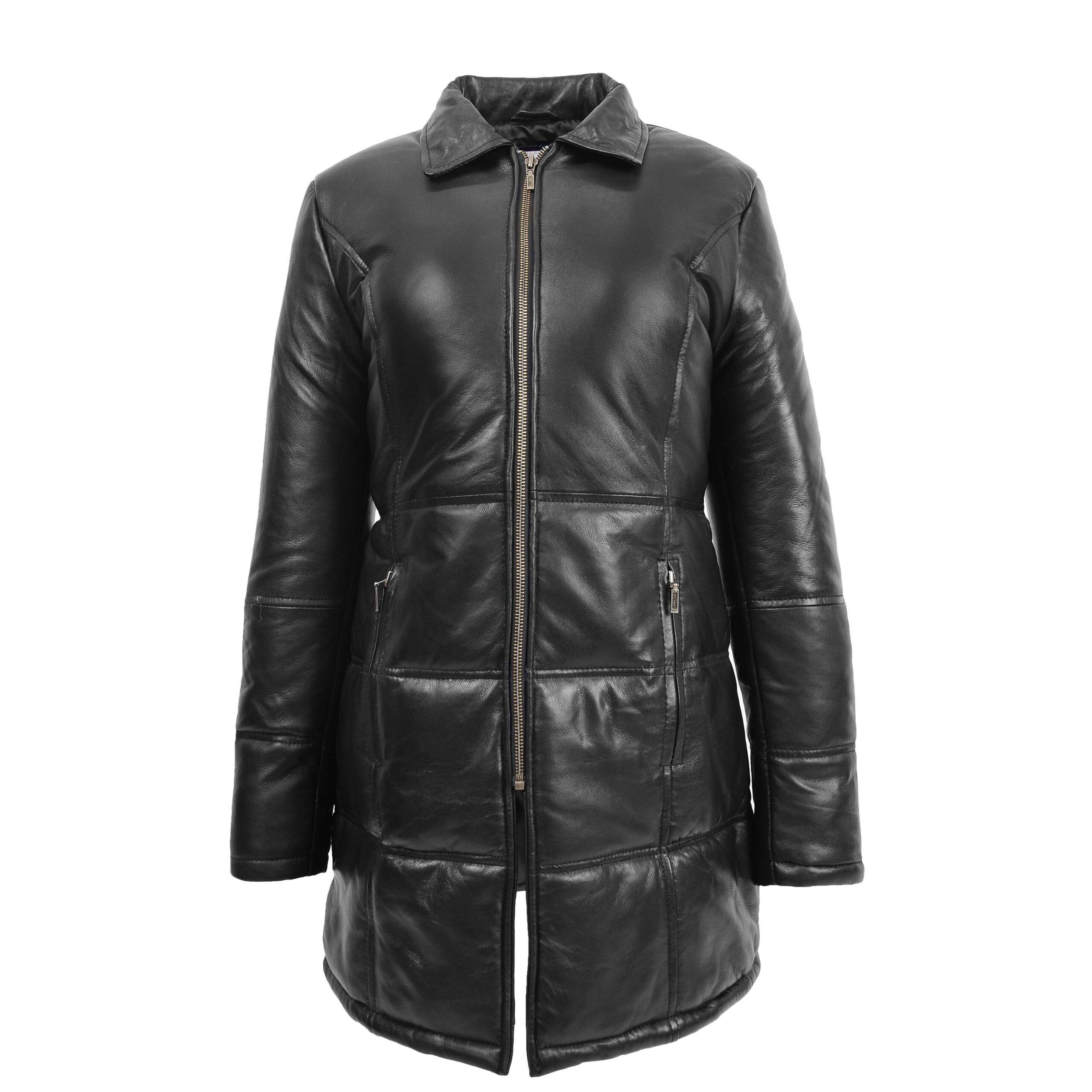 BUNERI Manteau Puffer en Cuir Noir pour Femme Longueur 3/4 – Image 3