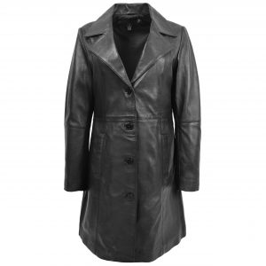 BUNERI Manteau en Cuir Souple Noir 3/4 Longueur Classique pour Femme