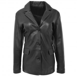 BUNERI Blazer en Cuir Classique à 3 Boutons pour Femme Noir