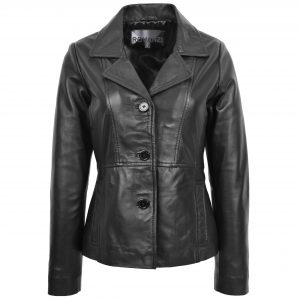 BUNERI Veste Femme Cuir Blazer Classique Trois Boutons Noire