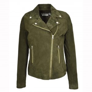 BUNERI Veste Biker en Daim de Chevre Authentique pour Femme Vert Olive