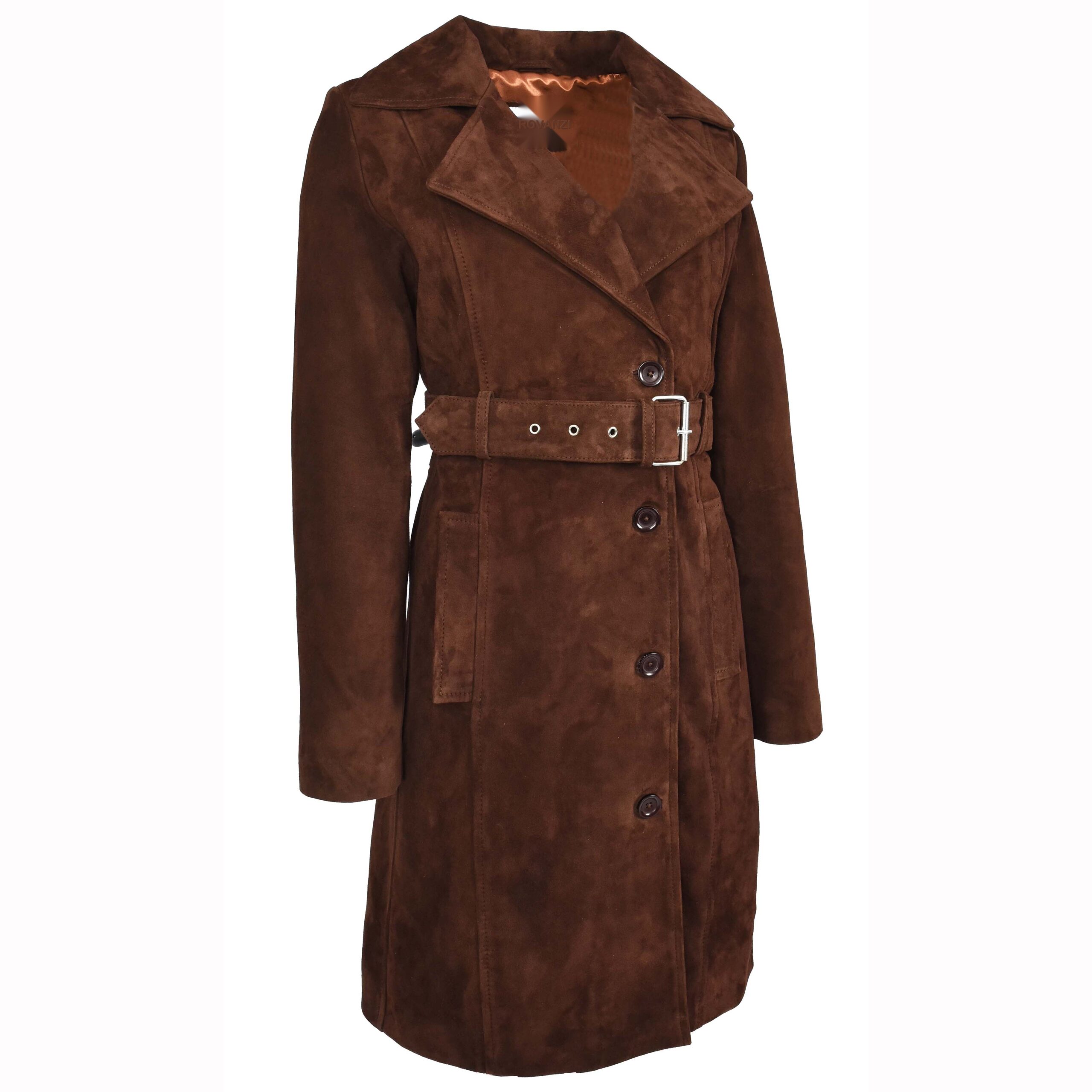 BUNERI Trench en Daim de Chèvre pour Femme 3/4 Longueur Brun Rouille avec Ceinture – Image 4