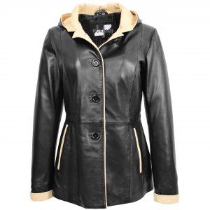 BUNERI Veste en Cuir Noir Beige pour Femme à Capuche