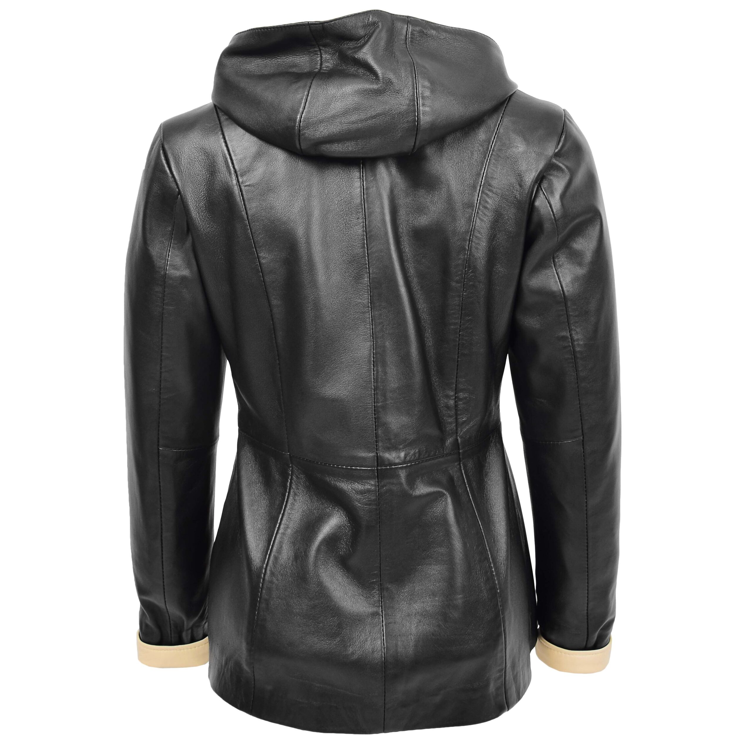 BUNERI Veste en Cuir Noir Beige pour Femme à Capuche – Image 2