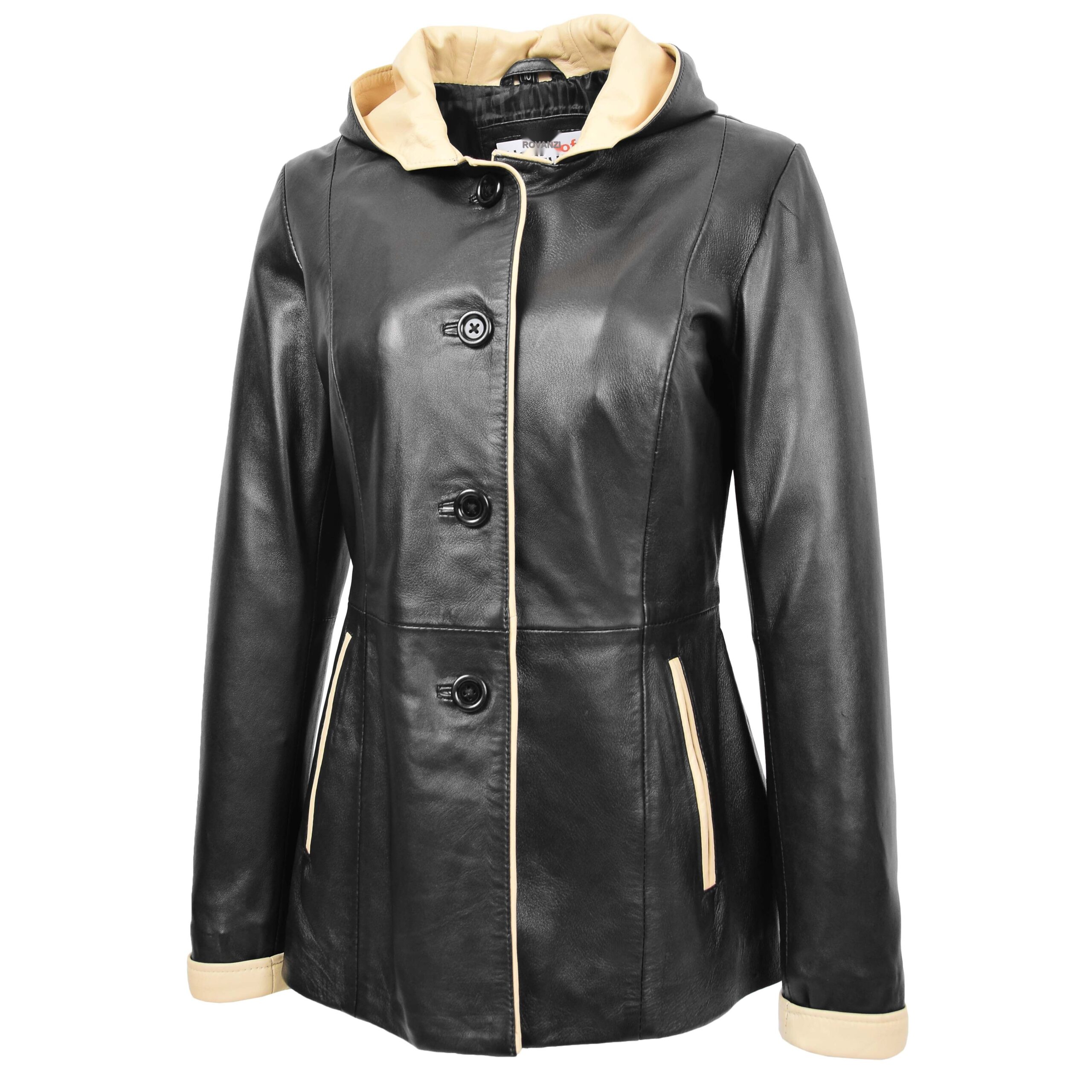 BUNERI Veste en Cuir Noir Beige pour Femme à Capuche – Image 3