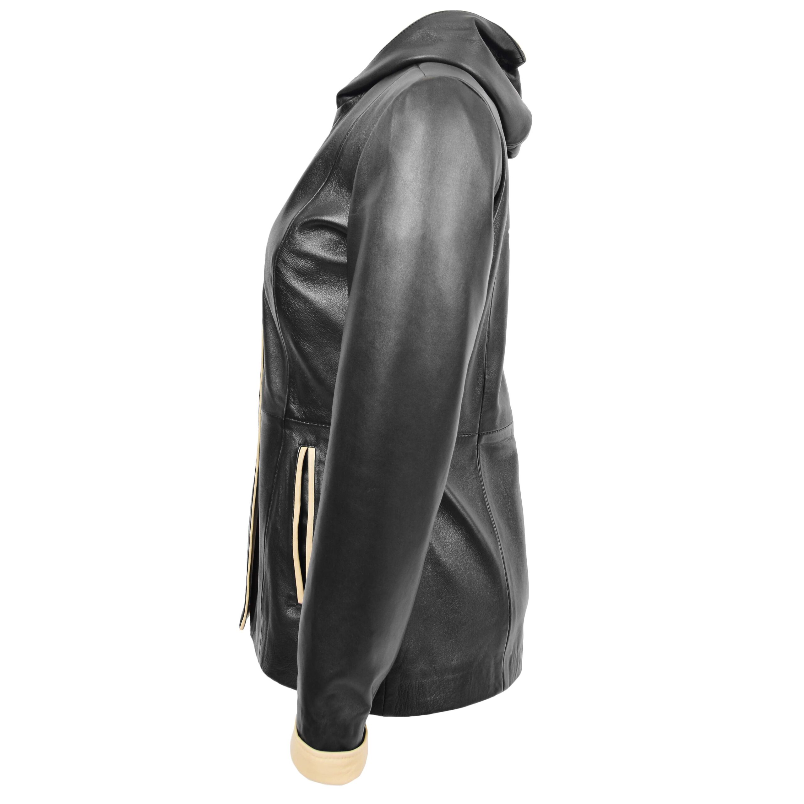 BUNERI Veste en Cuir Noir Beige pour Femme à Capuche – Image 4