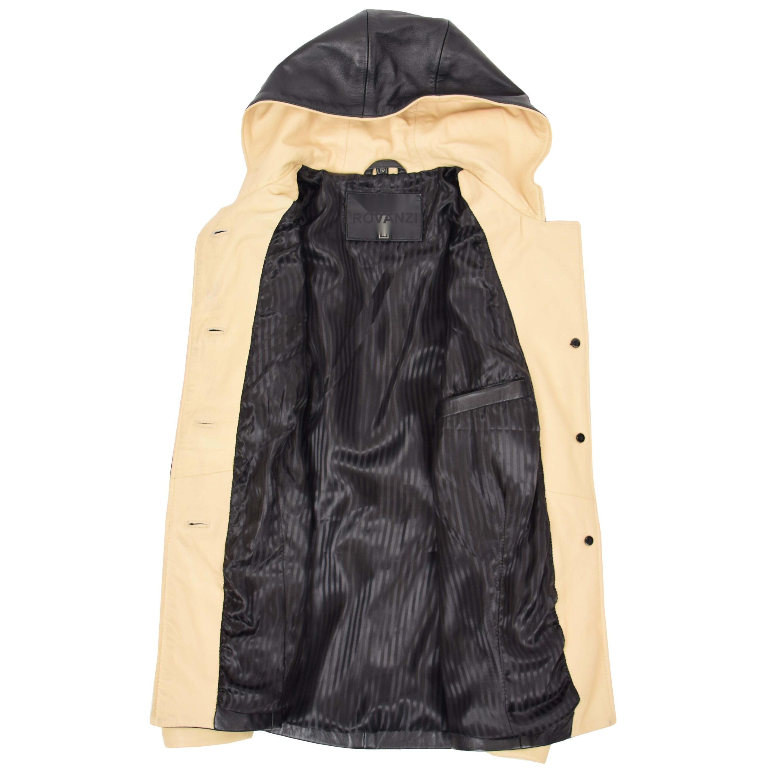 BUNERI Veste en Cuir Noir Beige pour Femme à Capuche – Image 5