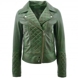 BUNERI Veste Femme Cuir Biker avec Detail Matelasse Verte
