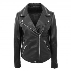 BUNERI Veste Femme Cuir Style Biker Zip Croise Noire