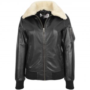 BUNERI Veste Femme Cuir Bomber Noire Col Amovible