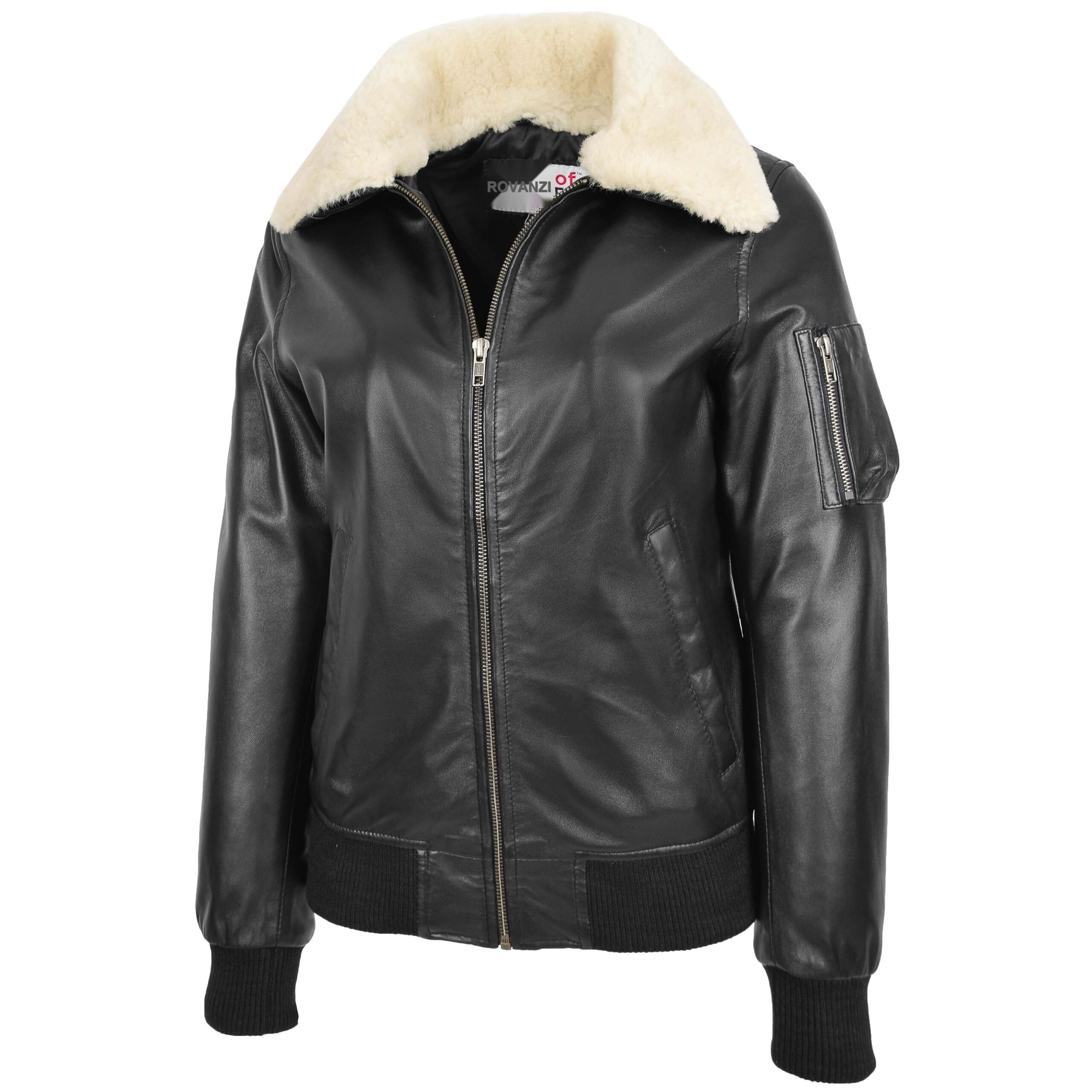 BUNERI Veste Femme Cuir Bomber Noire Col Amovible – Image 4
