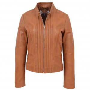 BUNERI Veste en Cuir Casual Col Montant pour Femme Tan