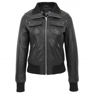 BUNERI Bomber Cuir Motto Noir Classique Femme
