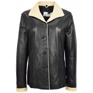 BUNERI Veste Boîte en Cuir Classique Bouton pour Femme Noir Beige