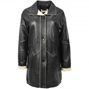BUNERI Manteau Femme Cuir 3/4 Style Classique Noir Beige