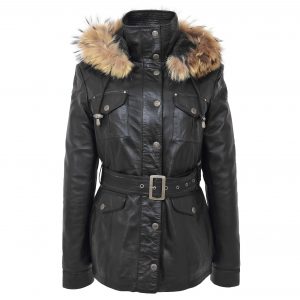 BUNERI Manteau Femme Cuir Capuche Amovible Noir