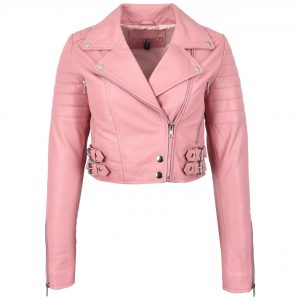 BUNERI Blouson Biker Court en Cuir Rose Bébé pour Femme
