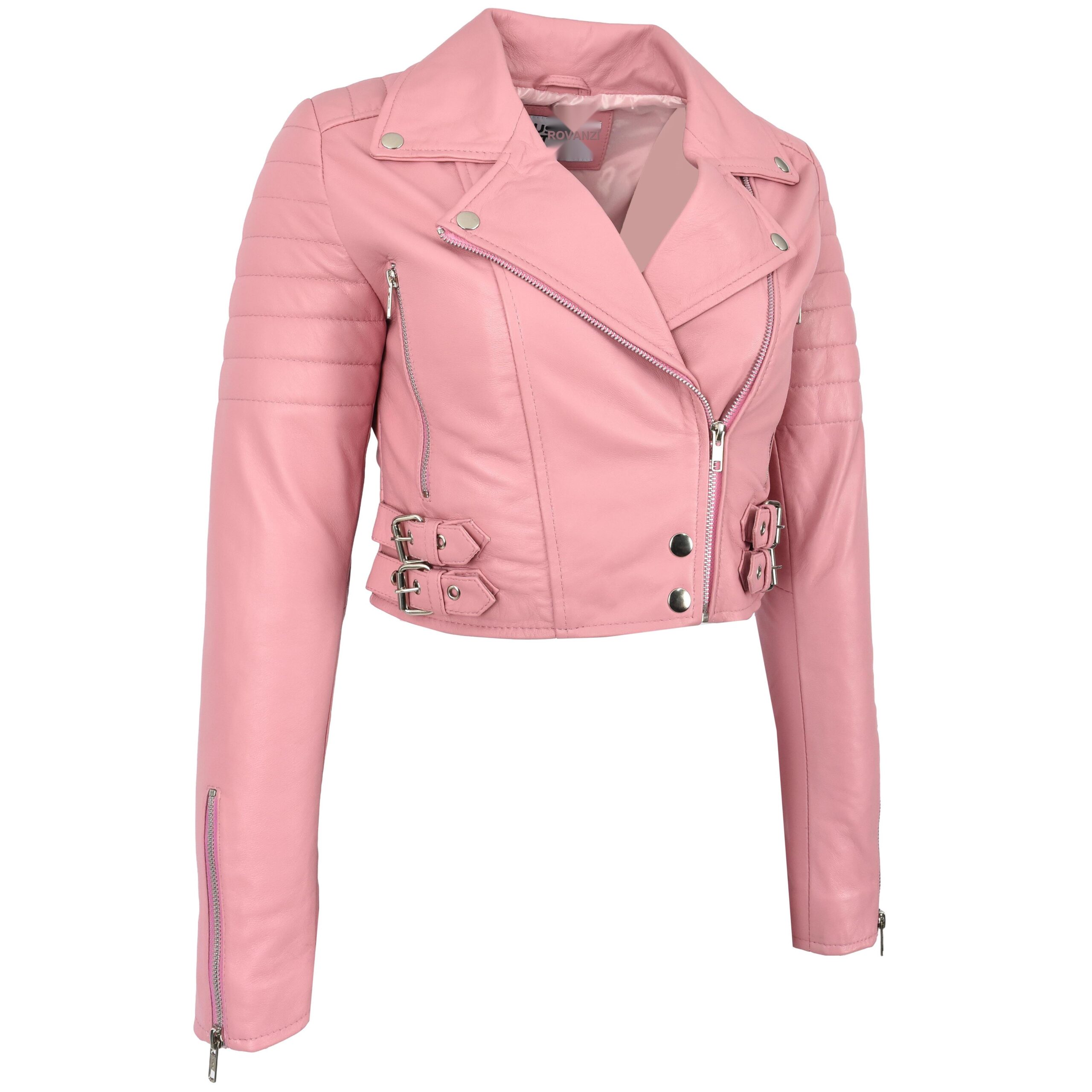 BUNERI Blouson Biker Court en Cuir Rose Bébé pour Femme – Image 5